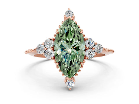 Rose gold Fancy Green Marquise Cut Brilliant Diamond with Cluster Setting on a Beaded Band and Four-Prong Setting