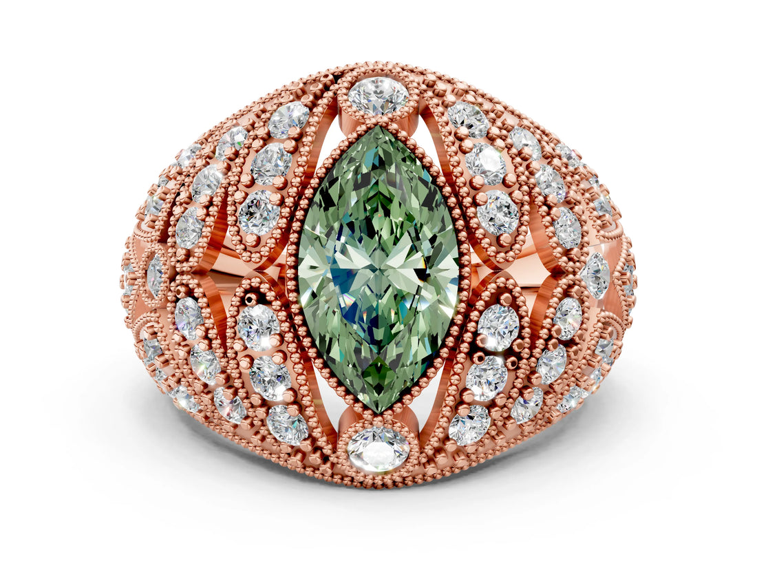Rose gold Fancy Green Marquise Cut Brilliant Halo Pave Diamond Milgrain Ring