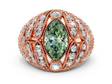 Rose gold Fancy Green Marquise Cut Brilliant Halo Pave Diamond Milgrain Ring