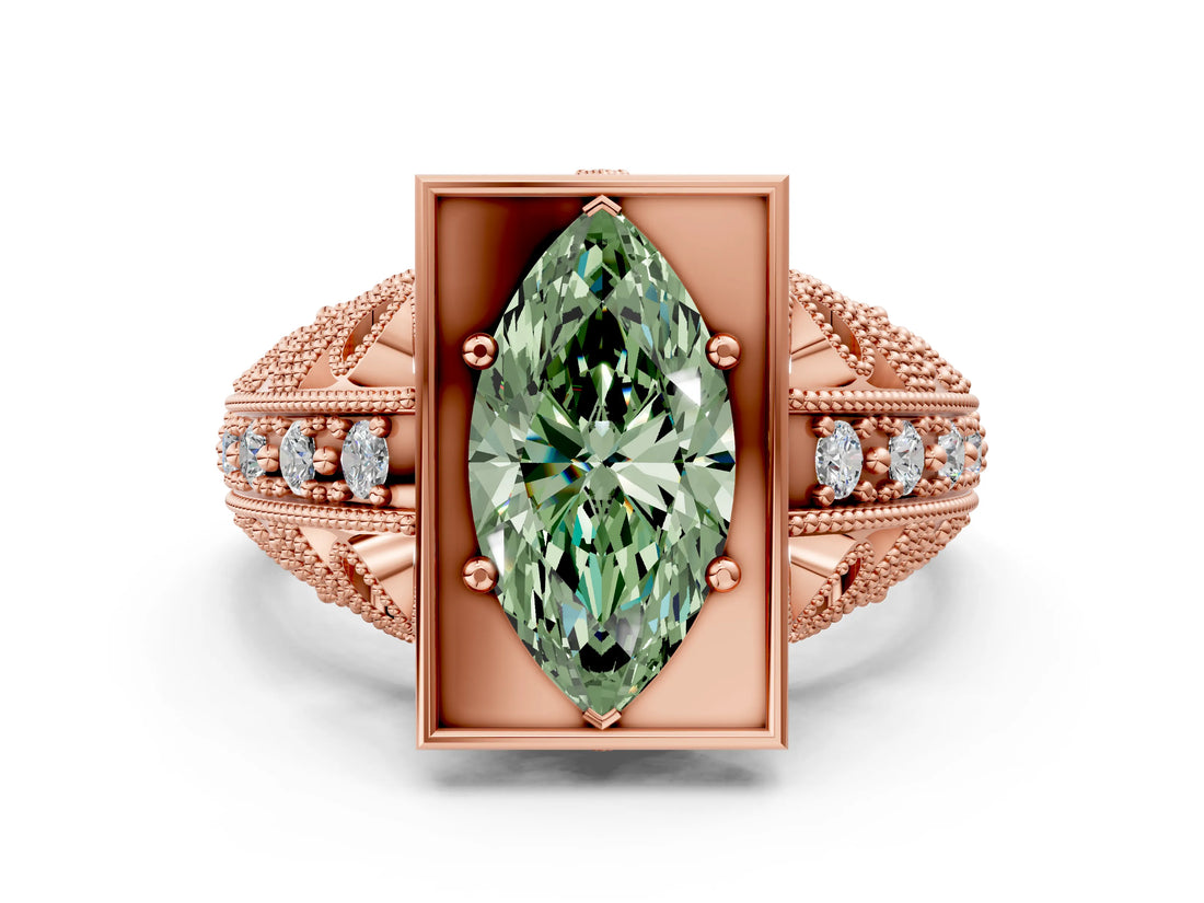 Rose gold Fancy Green Marquise Cut Brilliant Milgrain Filigree Diamond Ring with Square Prong Setting_18