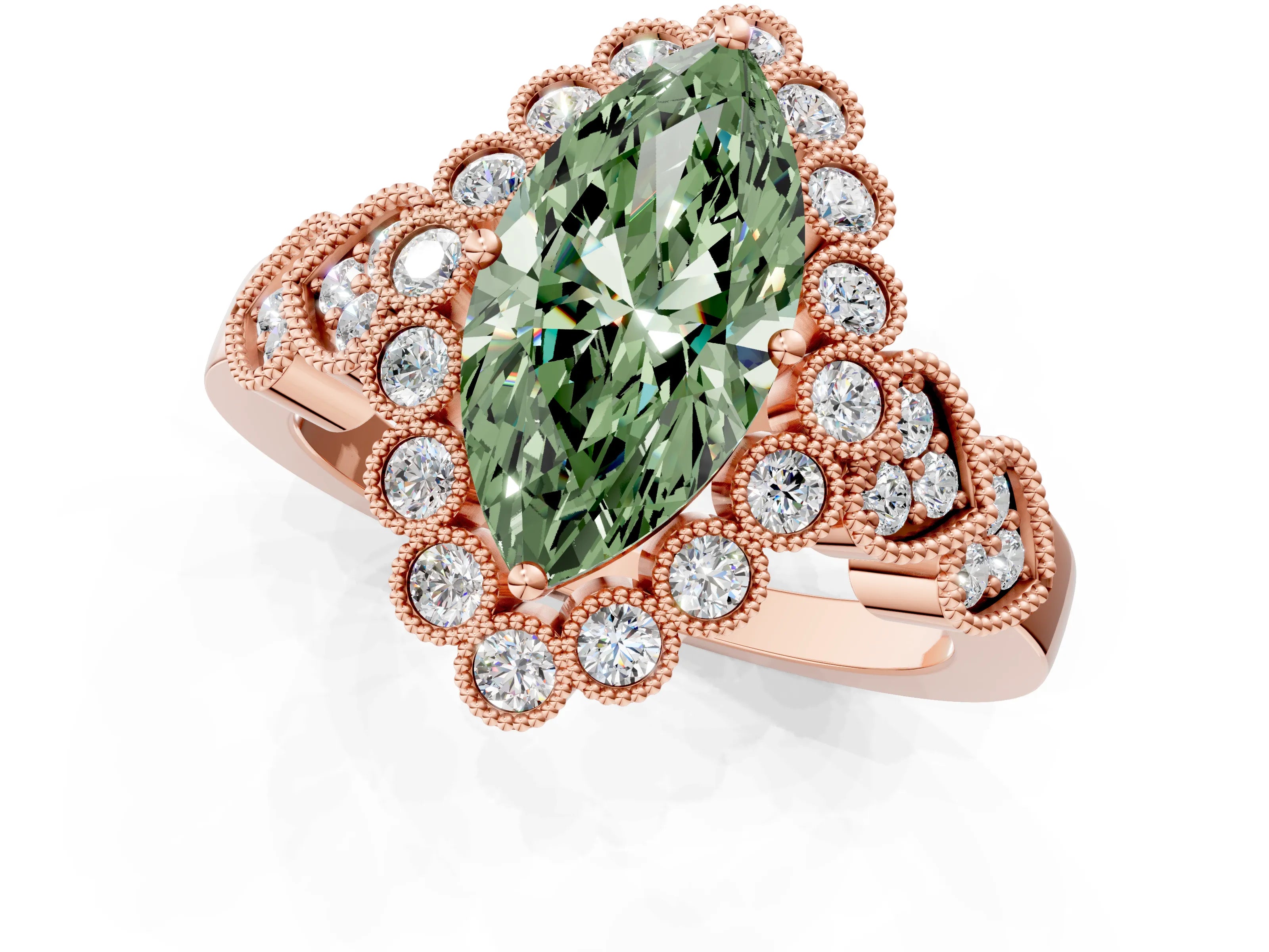 Rose gold Fancy Green Marquise Cut Brilliant Milgrain Pave Heart Band Solitaire Ring_1