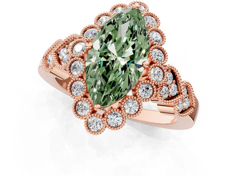 Rose gold Fancy Green Marquise Cut Brilliant Milgrain Pave Heart Band Solitaire Ring_1