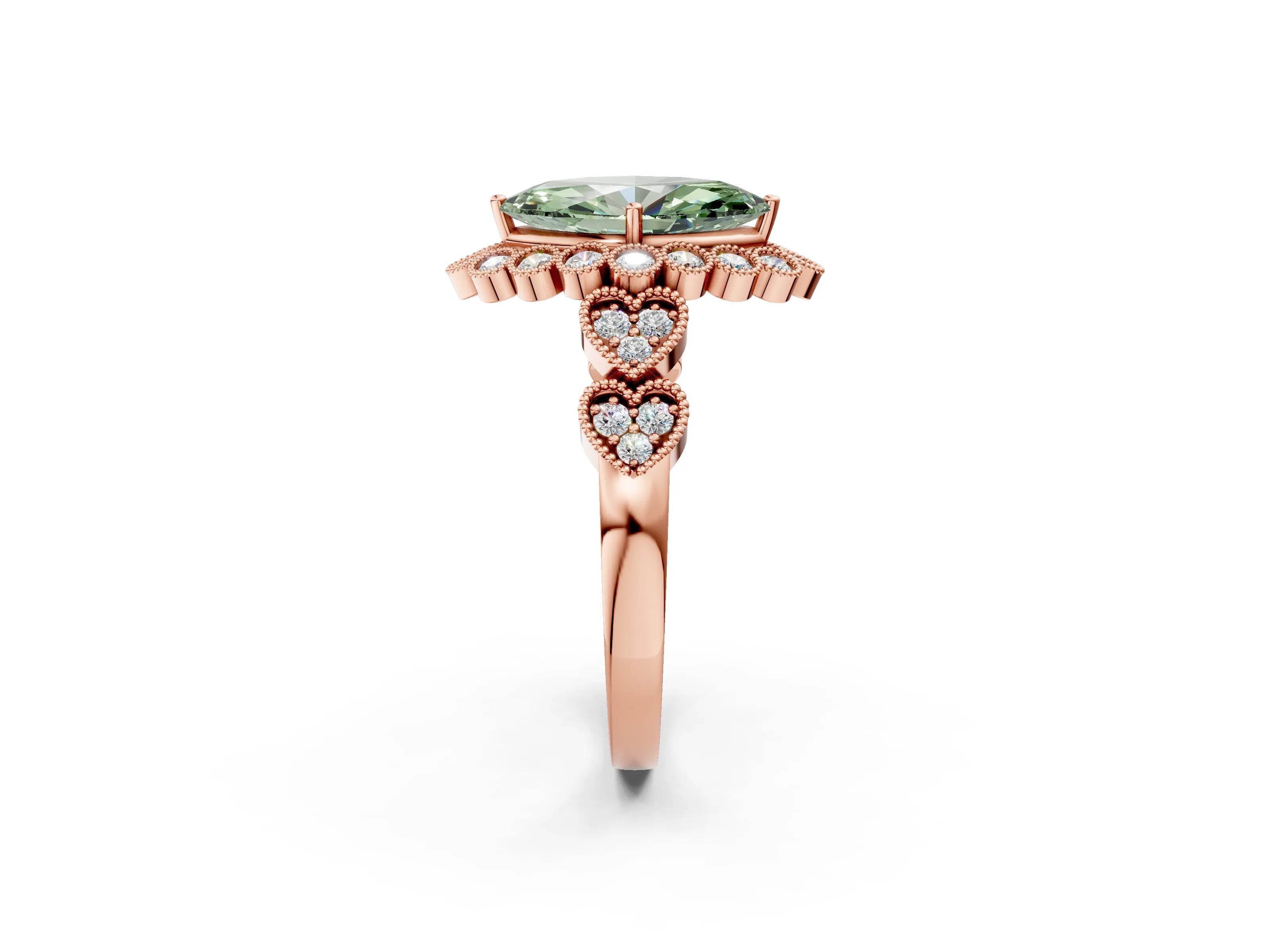 Rose gold Fancy Green Marquise Cut Brilliant Milgrain Pave Heart Band Solitaire Ring_2