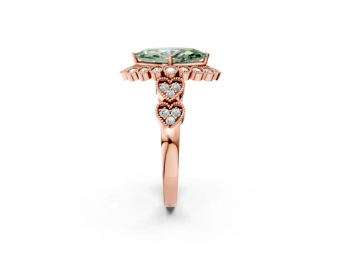 Rose gold Fancy Green Marquise Cut Brilliant Milgrain Pave Heart Band Solitaire Ring_2