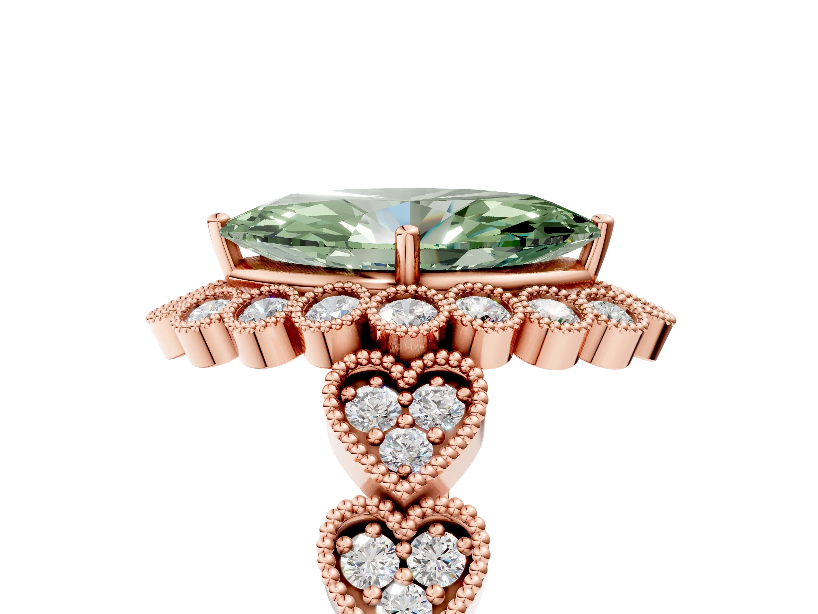 Rose gold Fancy Green Marquise Cut Brilliant Milgrain Pave Heart Band Solitaire Ring_5