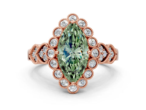 Rose gold Fancy Green Marquise Cut Brilliant Milgrain Pave Heart Band Solitaire Ring