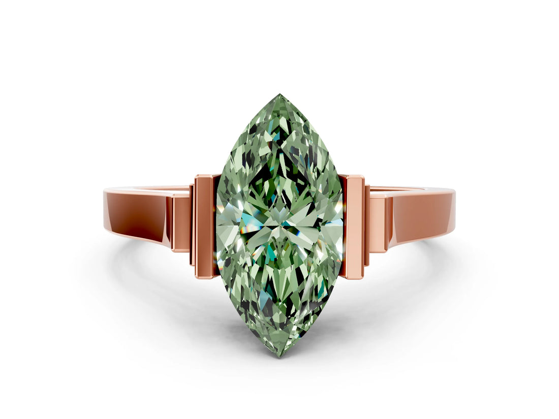 Rose gold Fancy Green Marquise Cut Brilliant Solitaire Diamond Ring with Channel Set Band and Bar Prong Setting_12