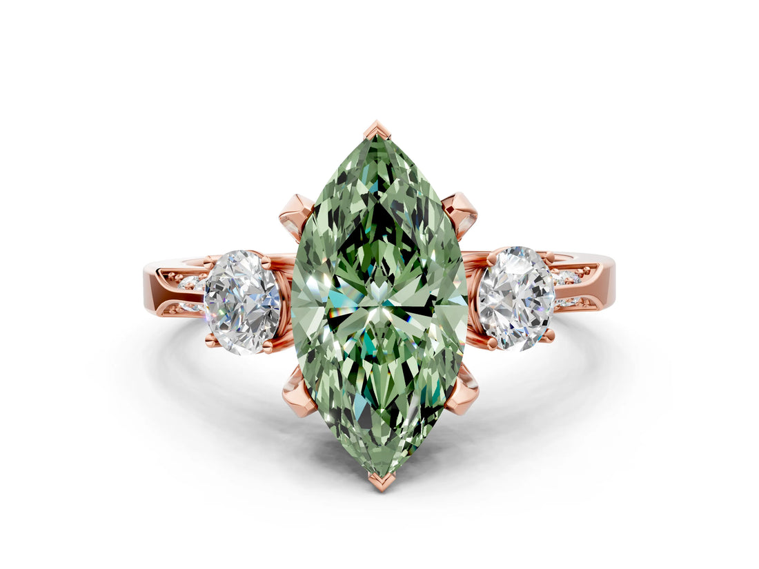 Rose gold Fancy Green Marquise Cut Brilliant Three-Stone Diamond Ring with Pavé Band and Four-Prong Setting_21