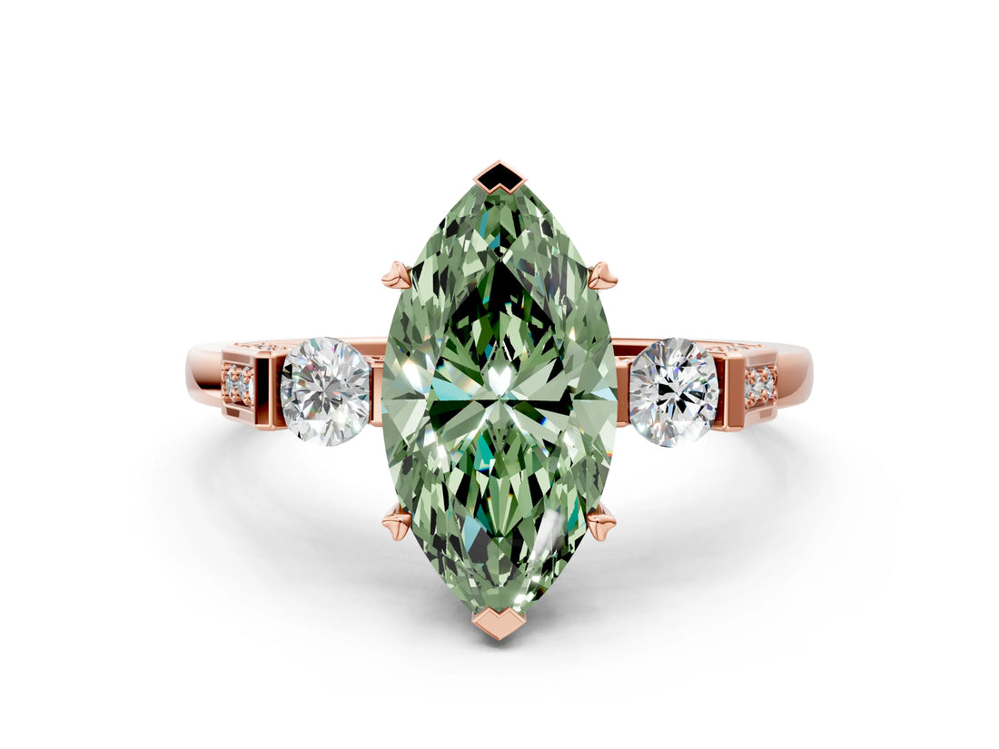 Rose gold Fancy Green Marquise Cut Brilliant Three-Stone Pave Band with Four-Prong Setting