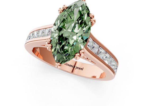 Rose Gold Marquise Channel Set Solitaire Engagement Ring Setting for Fancy Green Center with Double Claw Prongs