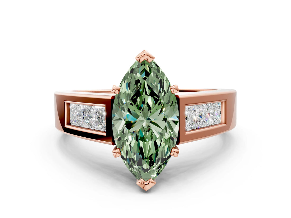 Rose gold Fancy Green Marquise Cut Cut Channel Set Solitaire Ring with Four-Prong Setting