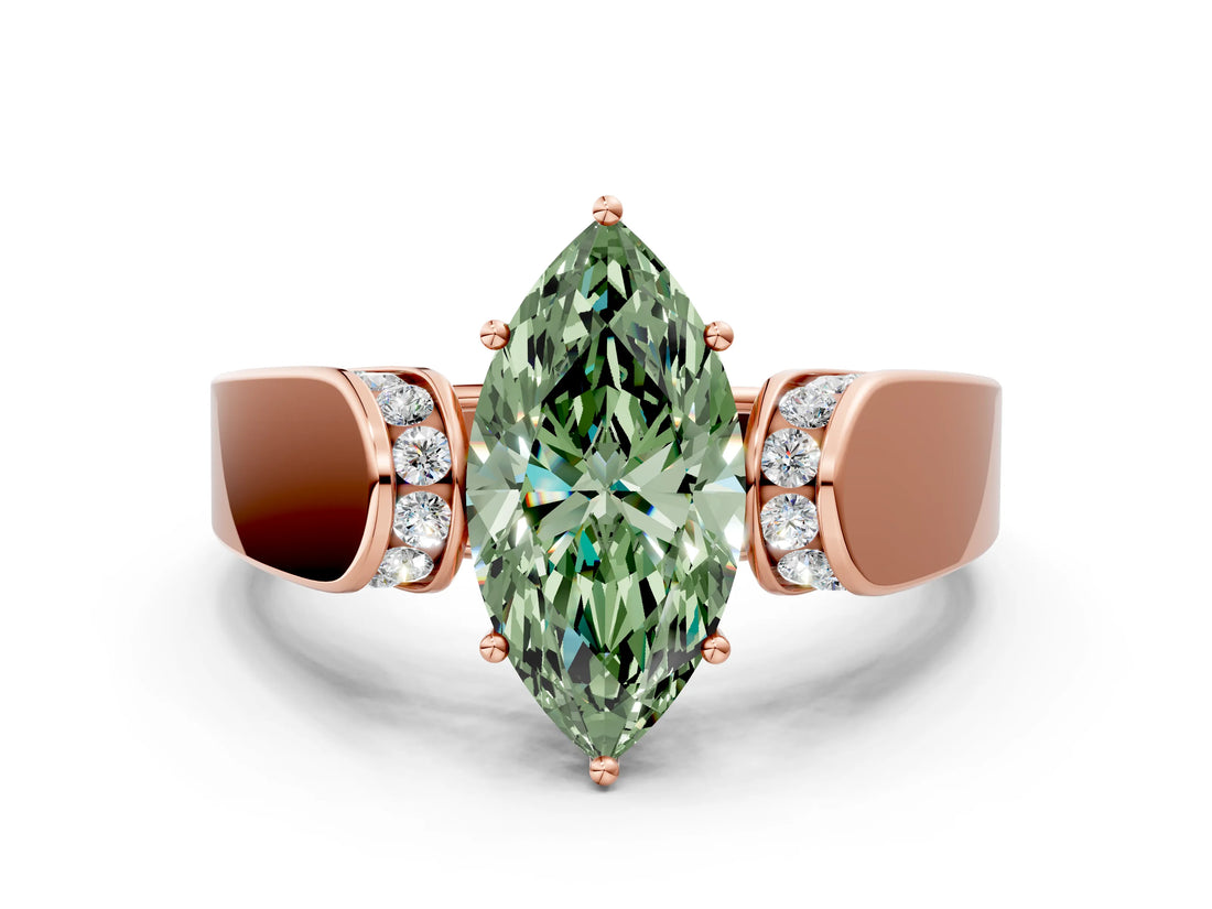 Rose gold Fancy Green Marquise Cut Cut Diamond Channel Set Solitaire Ring with Four-Prong Setting