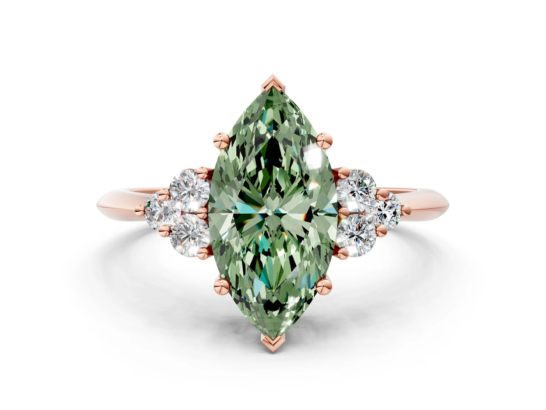 Rose gold Fancy Green Marquise Cut Cut Diamond Cluster Ring with Solitaire Band and Four-Prong Setting