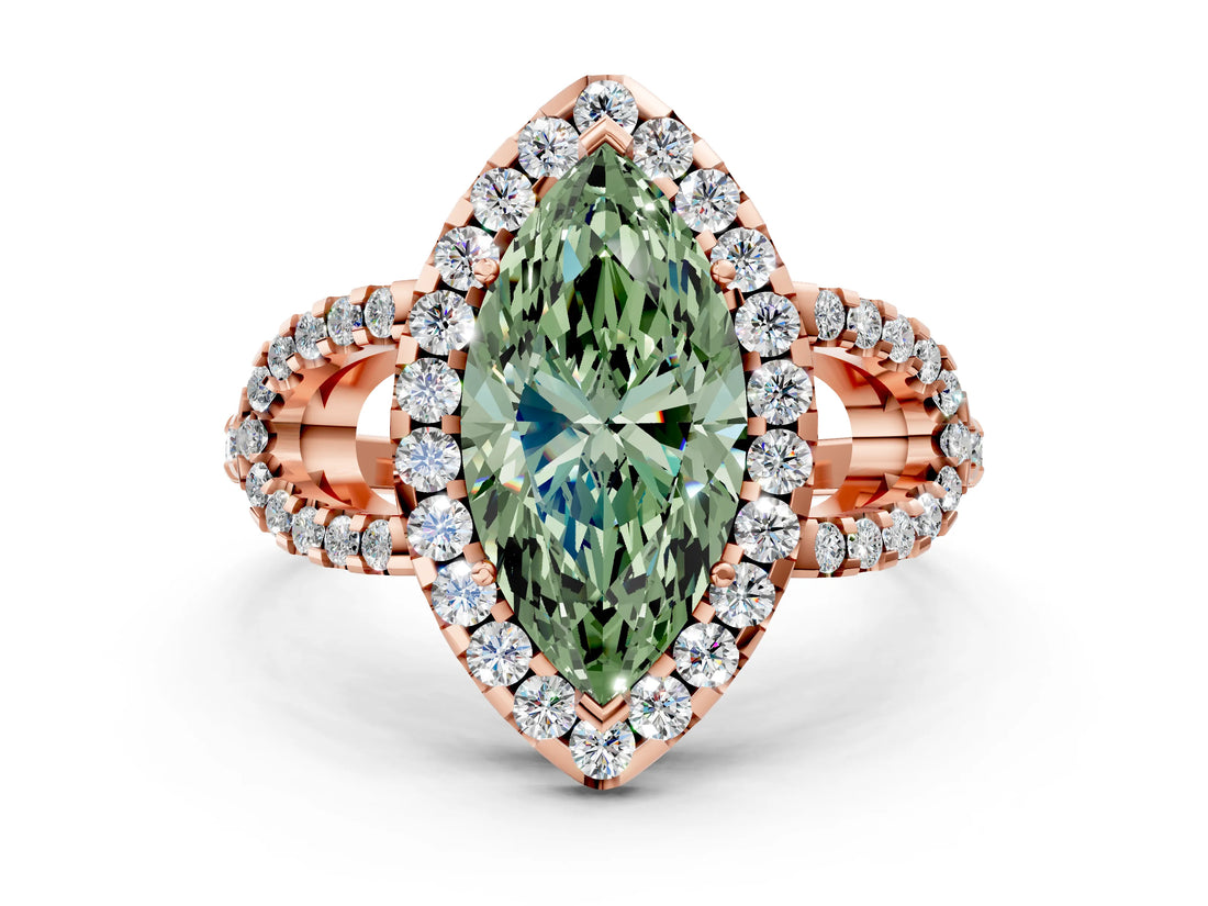 Rose gold Fancy Green Marquise Cut Cut Diamond Halo Engagement Ring with Open Split Pavé Band