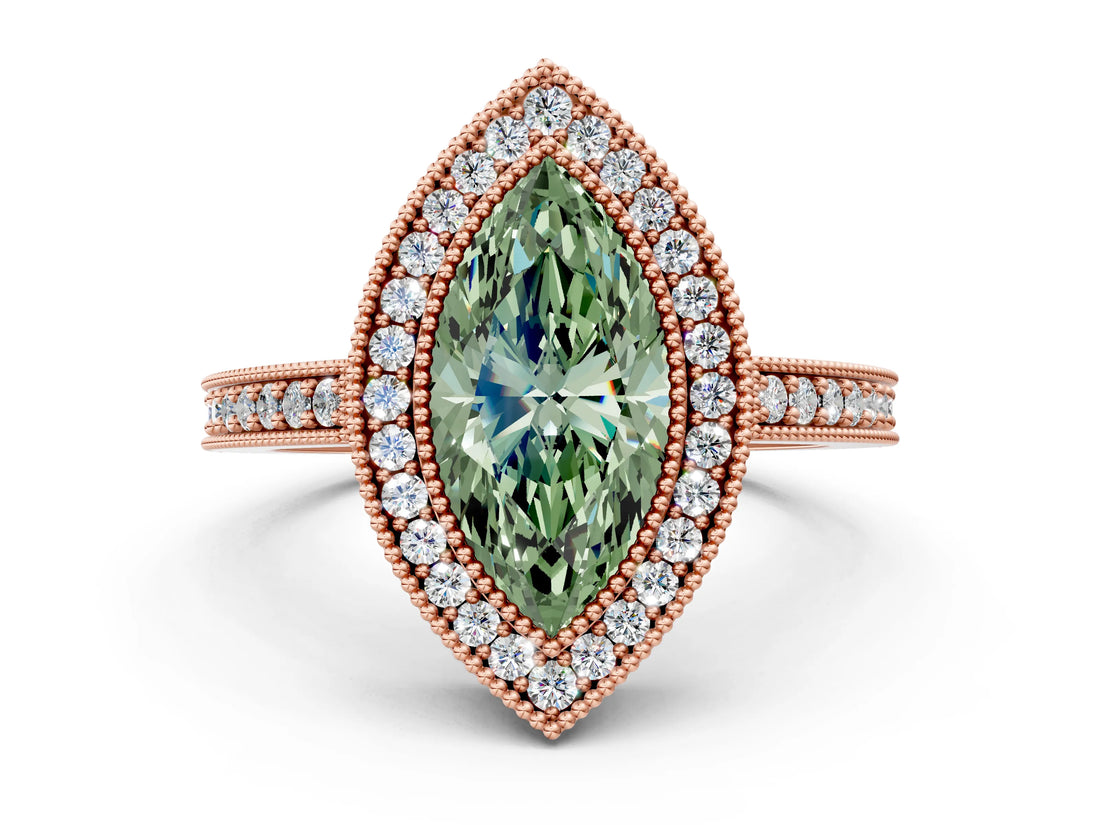Rose gold Fancy Green Marquise Cut-Cut Diamond Halo Engagement Ring with Pave Band and Prong Setting