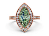 Rose gold Fancy Green Marquise Cut-Cut Diamond Halo Engagement Ring with Pave Band and Prong Setting