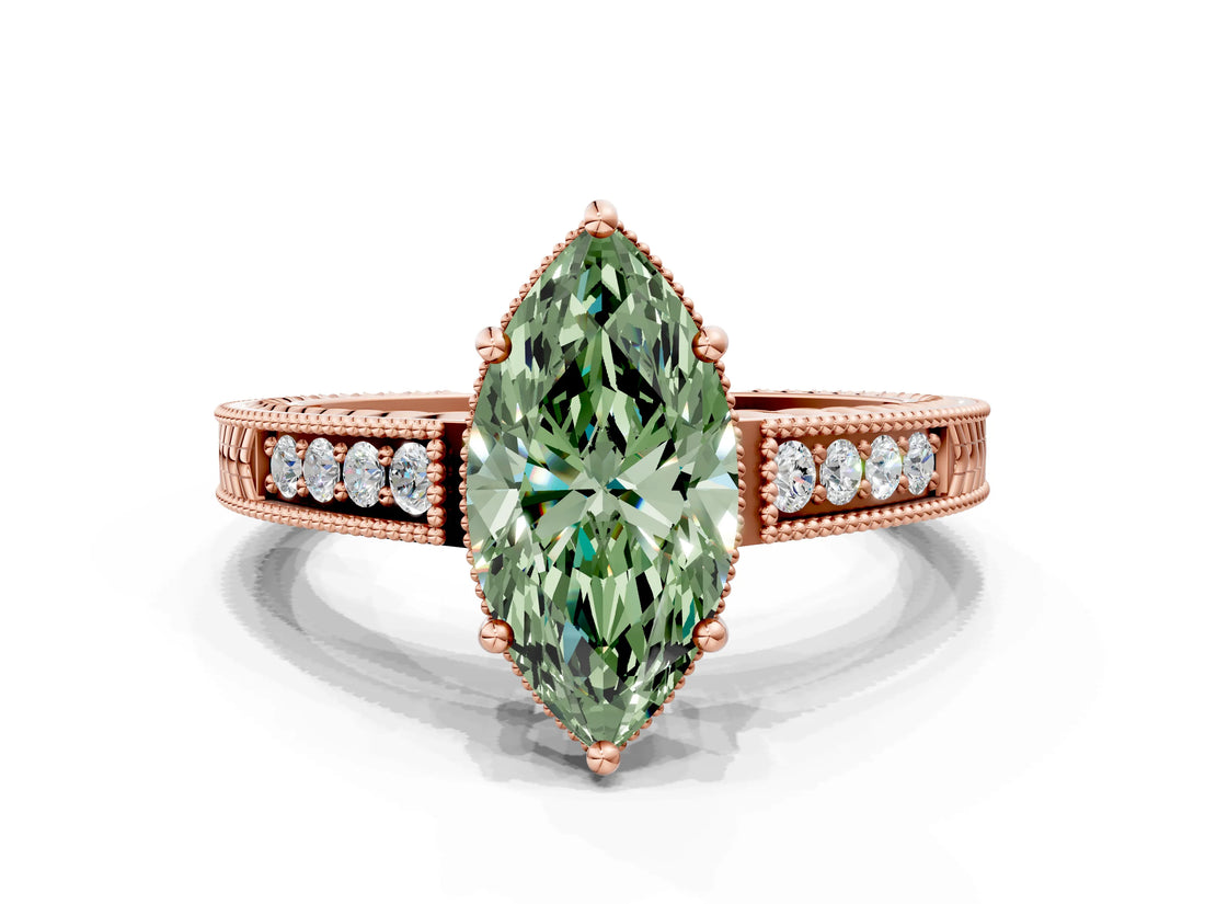 Rose gold Fancy Green Marquise Cut Cut Diamond Milgrain Pave Band Four-Prong Setting Ring_3