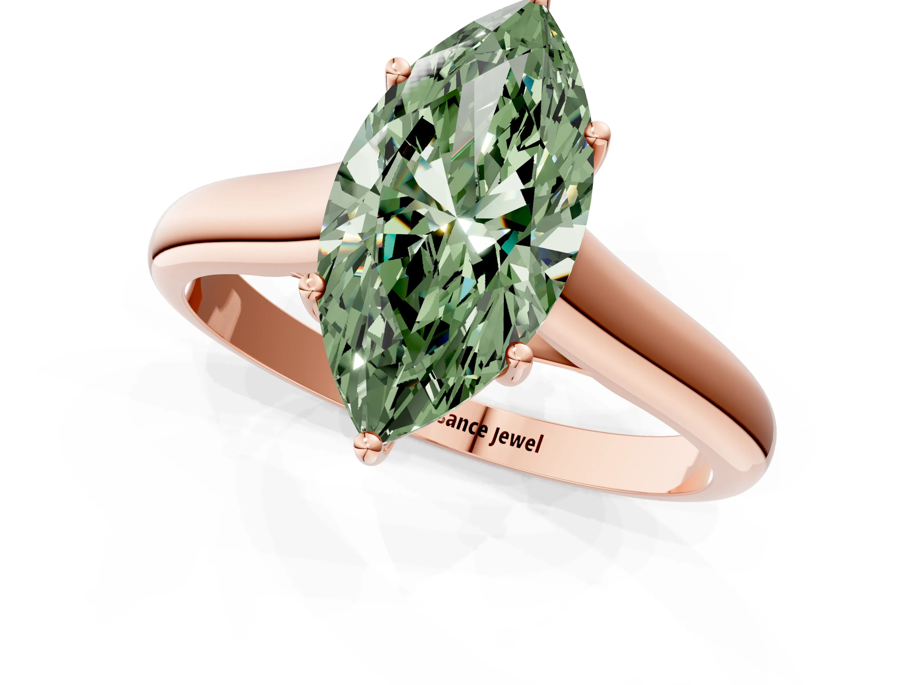 Rose gold Fancy Green Marquise Cut Cut Diamond Solitaire Engagement Ring with Tapered Plain Band and Four-Prong Setting_1