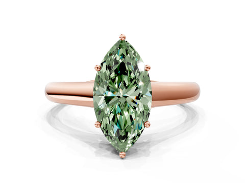 Rose gold Fancy Green Marquise Cut Cut Diamond Solitaire Engagement Ring with Tapered Plain Band and Four-Prong Setting