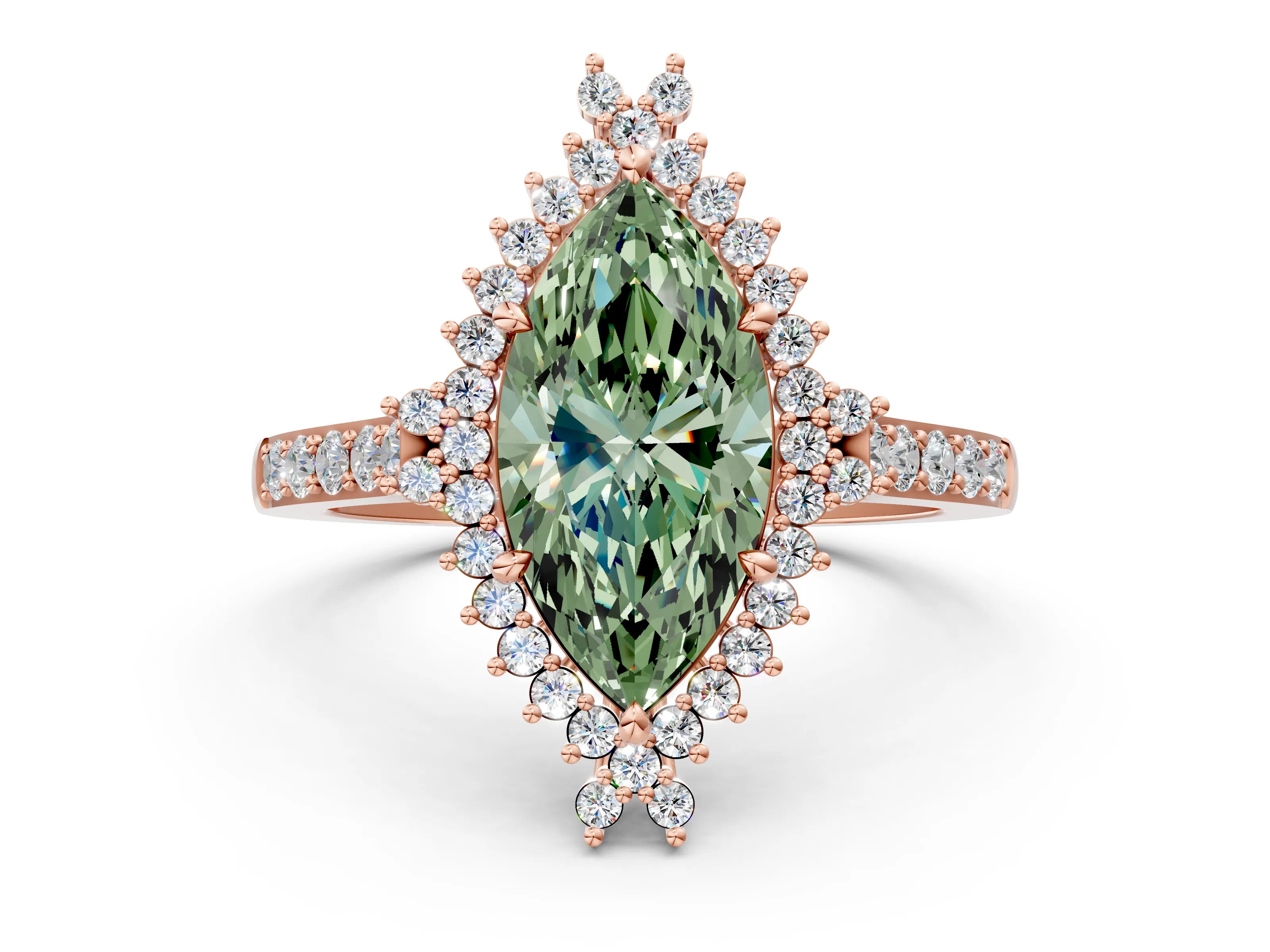 Rose gold Fancy Green Marquise Cut Cut Diamond Sunburst Halo Engagement Ring with Pavé Band_12