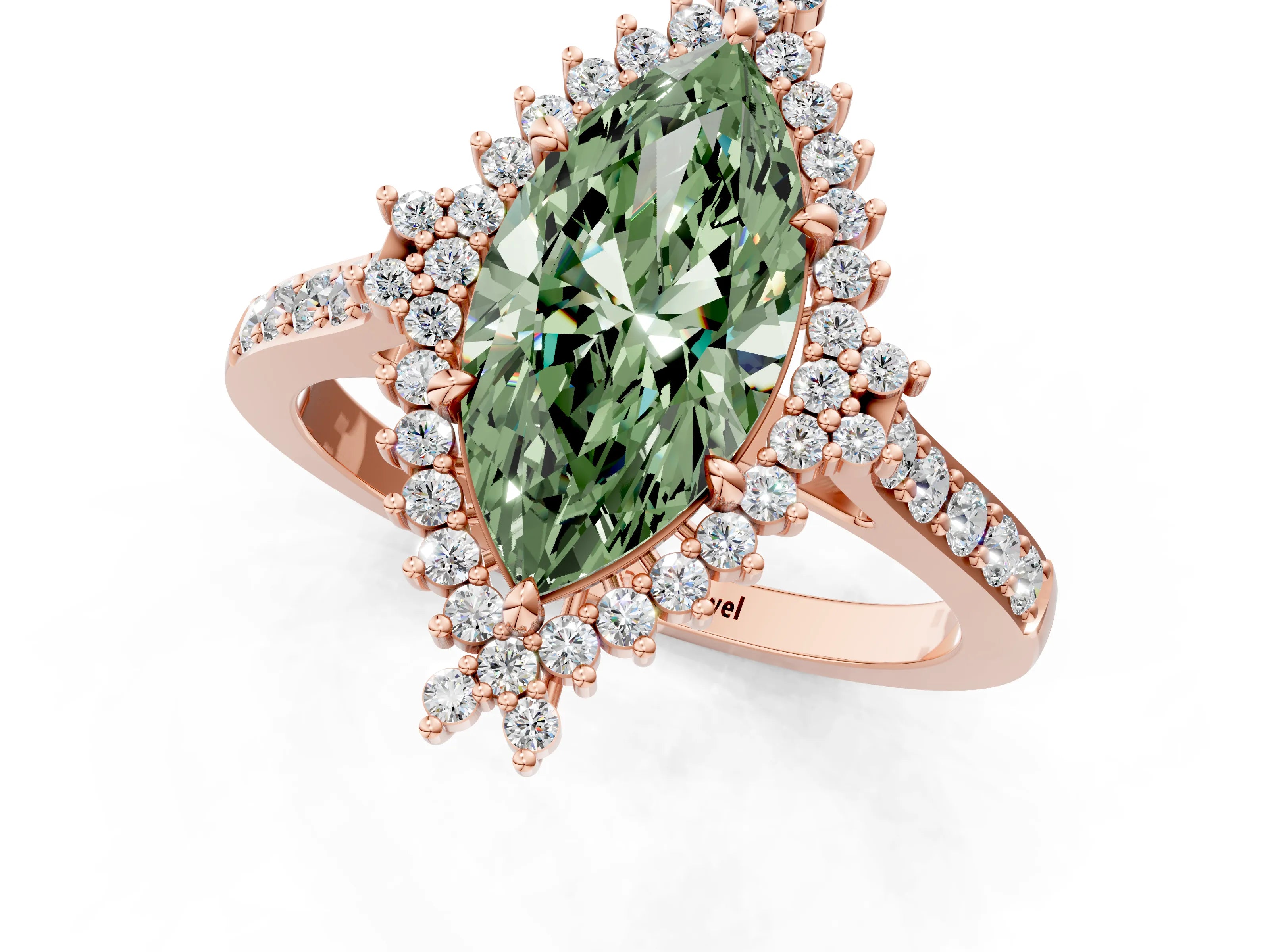 Rose gold Fancy Green Marquise Cut Cut Diamond Sunburst Halo Engagement Ring with Pavé Band_13