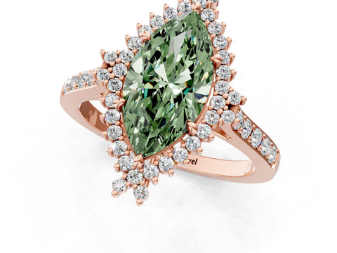 Rose gold Fancy Green Marquise Cut Cut Diamond Sunburst Halo Engagement Ring with Pavé Band_13