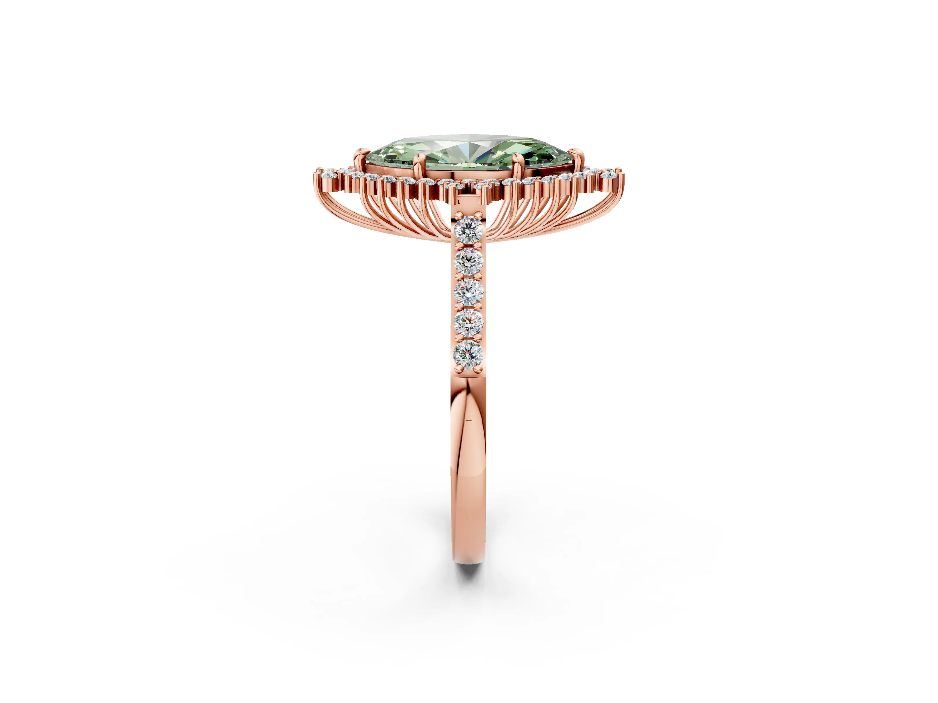 Rose gold Fancy Green Marquise Cut Cut Diamond Sunburst Halo Engagement Ring with Pavé Band_14