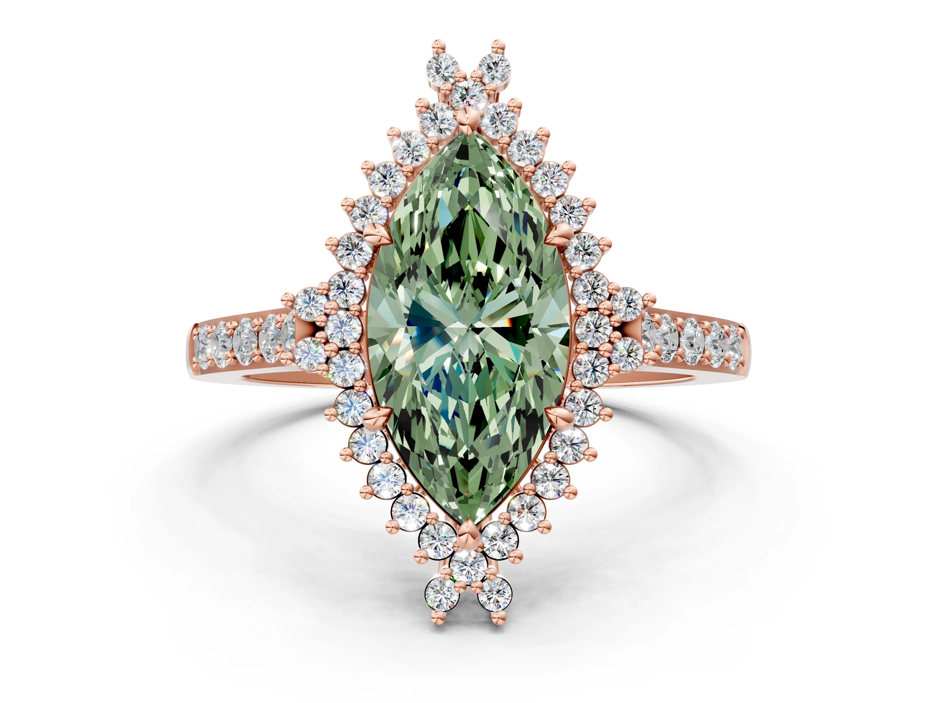 Rose gold Fancy Green Marquise Cut Cut Diamond Sunburst Halo Engagement Ring with Pavé Band_24