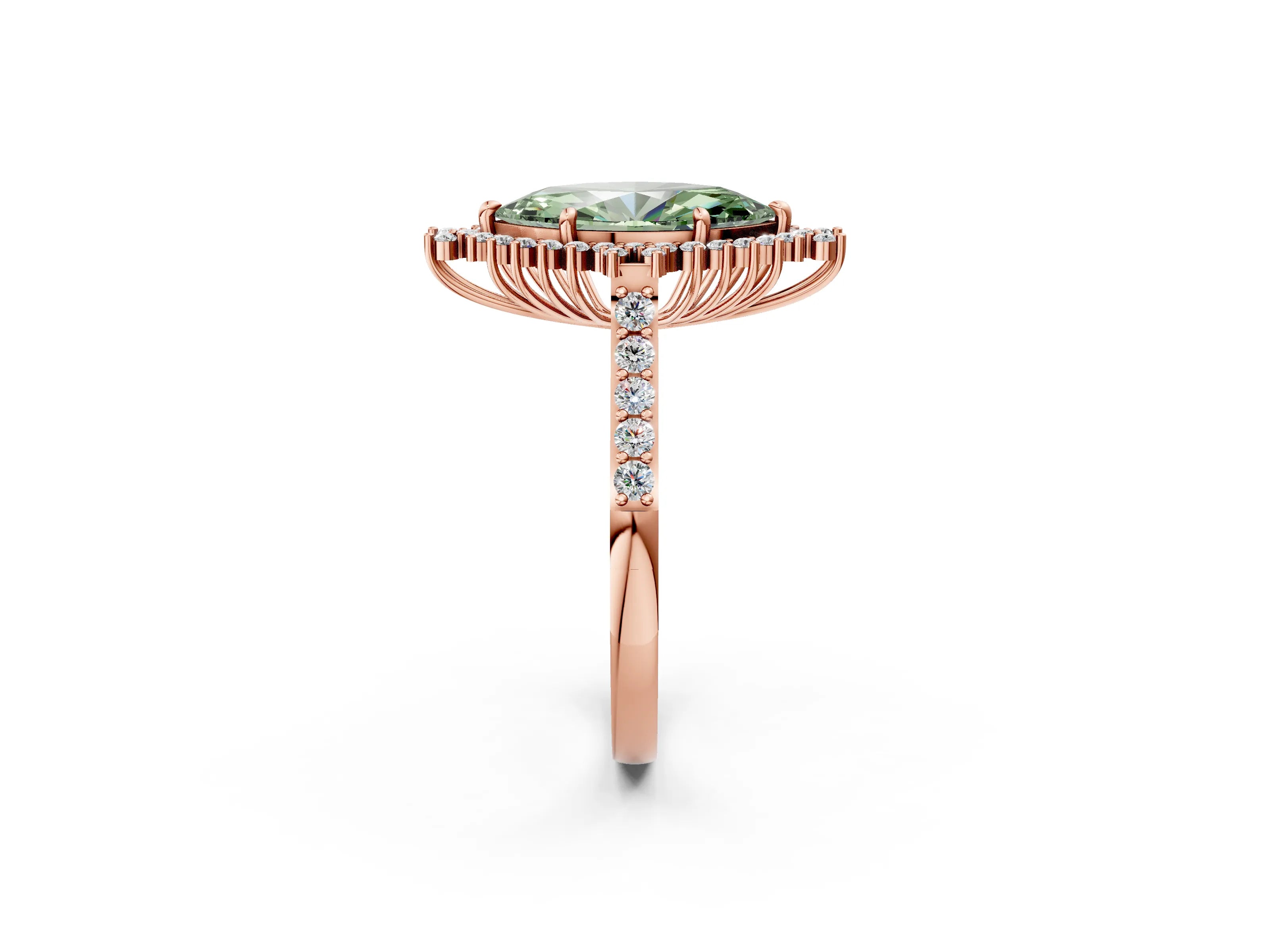 Rose gold Fancy Green Marquise Cut Cut Diamond Sunburst Halo Engagement Ring with Pavé Band_26
