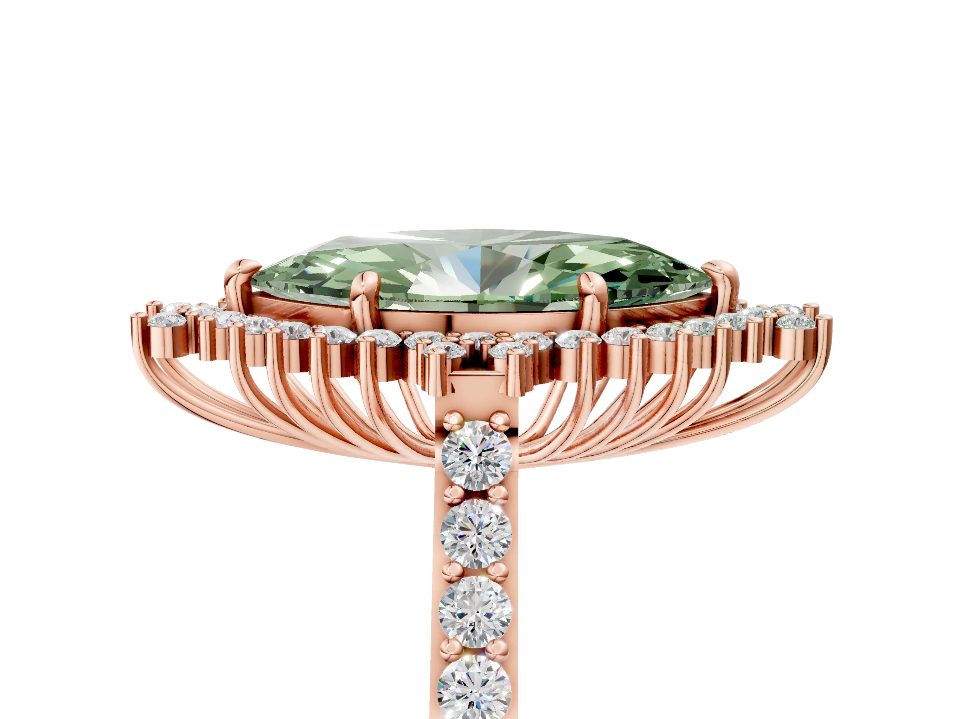 Rose gold Fancy Green Marquise Cut Cut Diamond Sunburst Halo Engagement Ring with Pavé Band_5