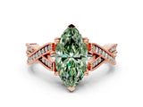 Rose gold Fancy Green Marquise Cut Cut Diamond Twisted Band with Milgrain Pave Setting and Four-Prong Setting