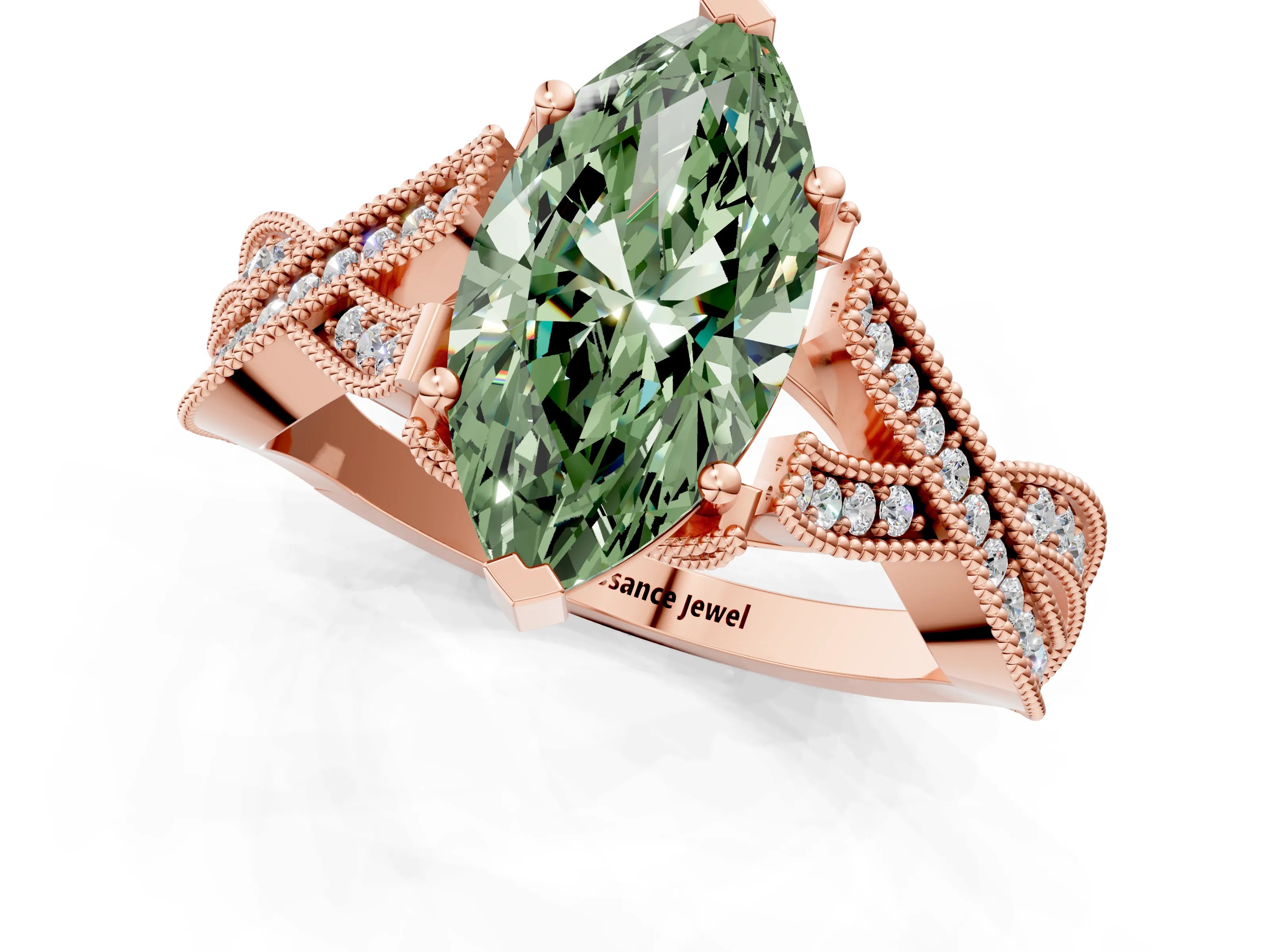 Rose gold Fancy Green Marquise Cut Cut Diamond Twisted Band with Milgrain Pave Setting and Four-Prong Setting_1