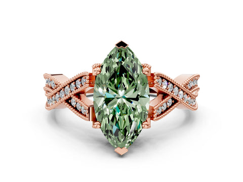 Rose gold Fancy Green Marquise Cut Cut Diamond Twisted Band with Milgrain Pave Setting and Four-Prong Setting