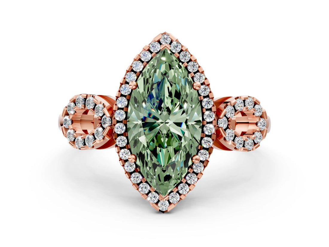 Rose gold Fancy Green Marquise Cut Cut Halo Diamond Infinity Band with Four-Prong Setting