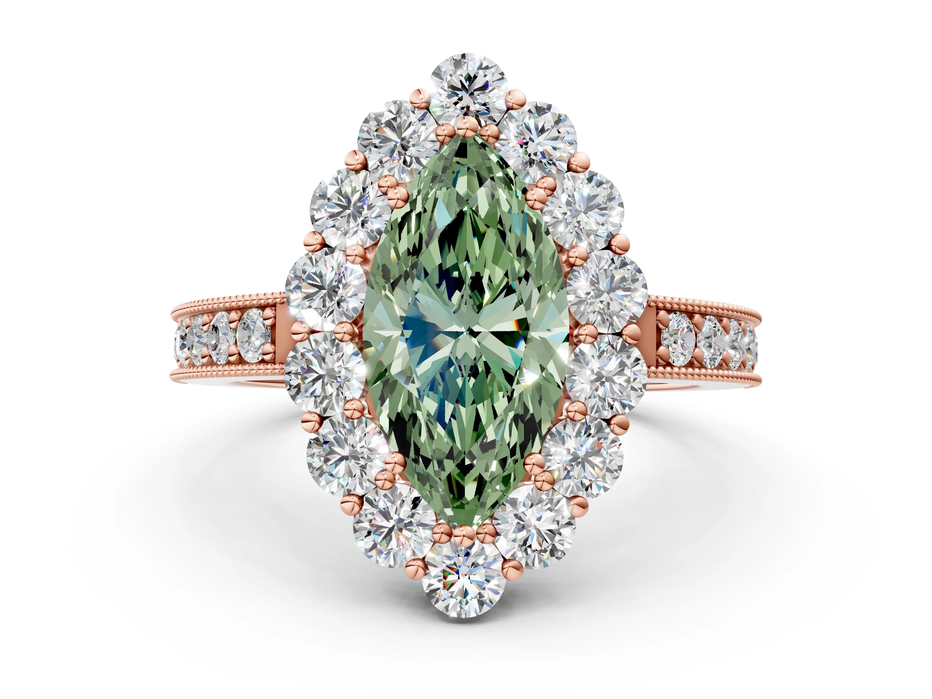 Rose gold Fancy Green Marquise Cut Cut Halo Diamond Pavé Engagement Ring with Milgrain Detailing