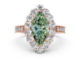 Rose gold Fancy Green Marquise Cut Cut Halo Diamond Pavé Engagement Ring with Milgrain Detailing