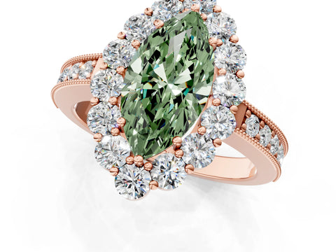 Rose gold Fancy Green Marquise Cut Cut Halo Diamond Pavé Engagement Ring with Milgrain Detailing_1