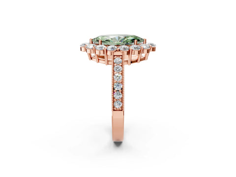 Rose gold Fancy Green Marquise Cut Cut Halo Diamond Pavé Engagement Ring with Milgrain Detailing_2