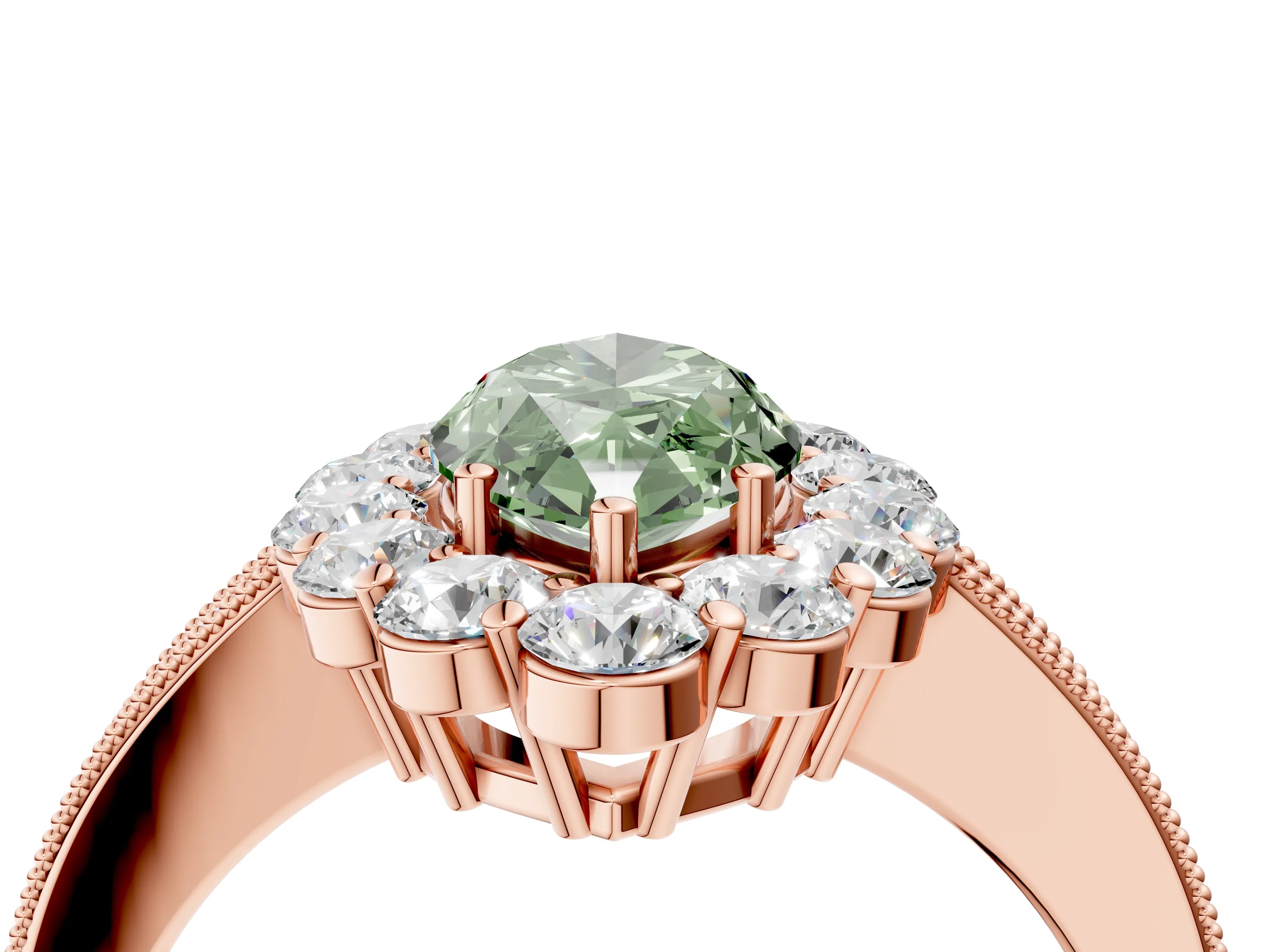 Rose gold Fancy Green Marquise Cut Cut Halo Diamond Pavé Engagement Ring with Milgrain Detailing_4