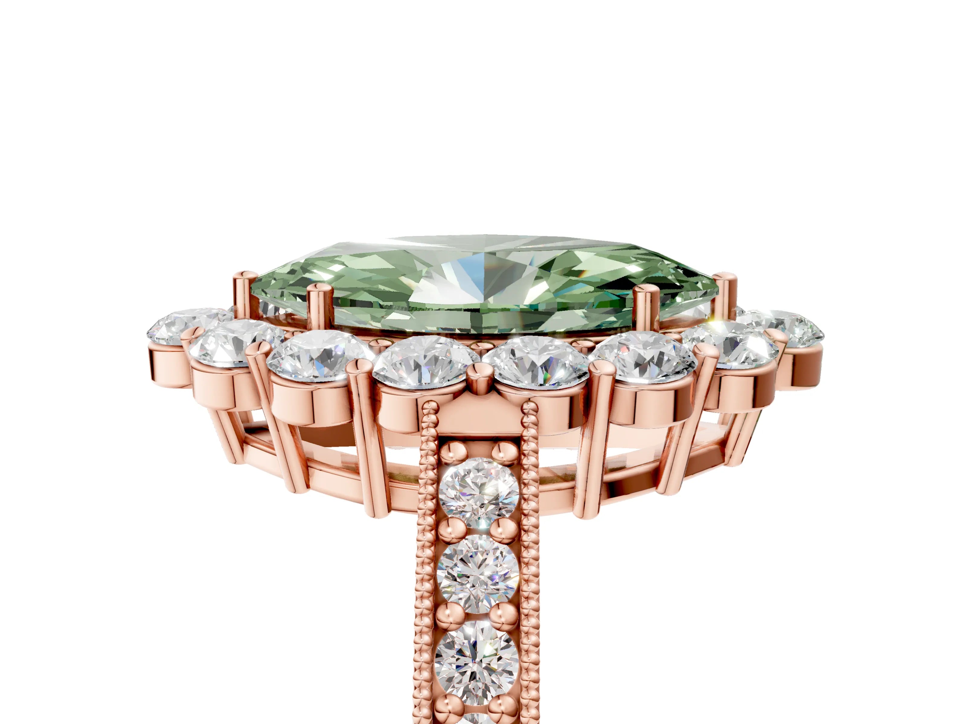 Rose gold Fancy Green Marquise Cut Cut Halo Diamond Pavé Engagement Ring with Milgrain Detailing_5
