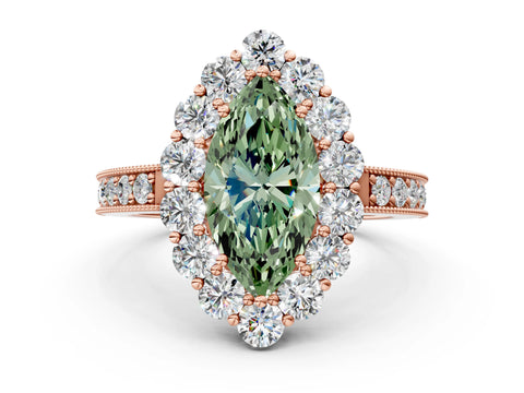 Rose gold Fancy Green Marquise Cut Cut Halo Diamond Pavé Engagement Ring with Milgrain Detailing