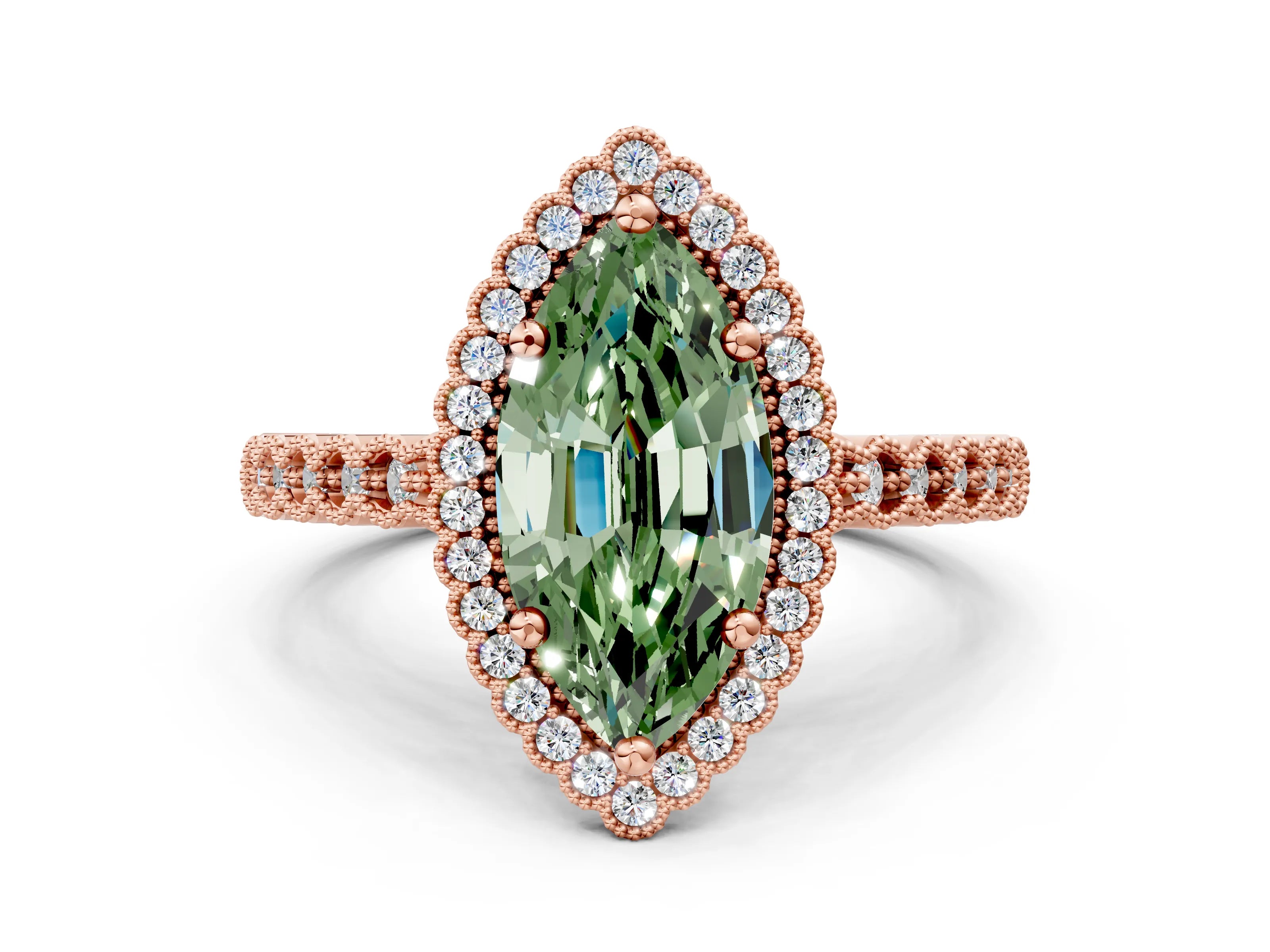 Rose gold Fancy Green Marquise Cut Cut Halo Pavé Solitaire Ring with Milgrain Band
