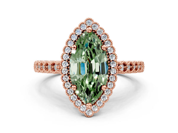 Rose gold Fancy Green Marquise Cut Cut Halo Pavé Solitaire Ring with Milgrain Band