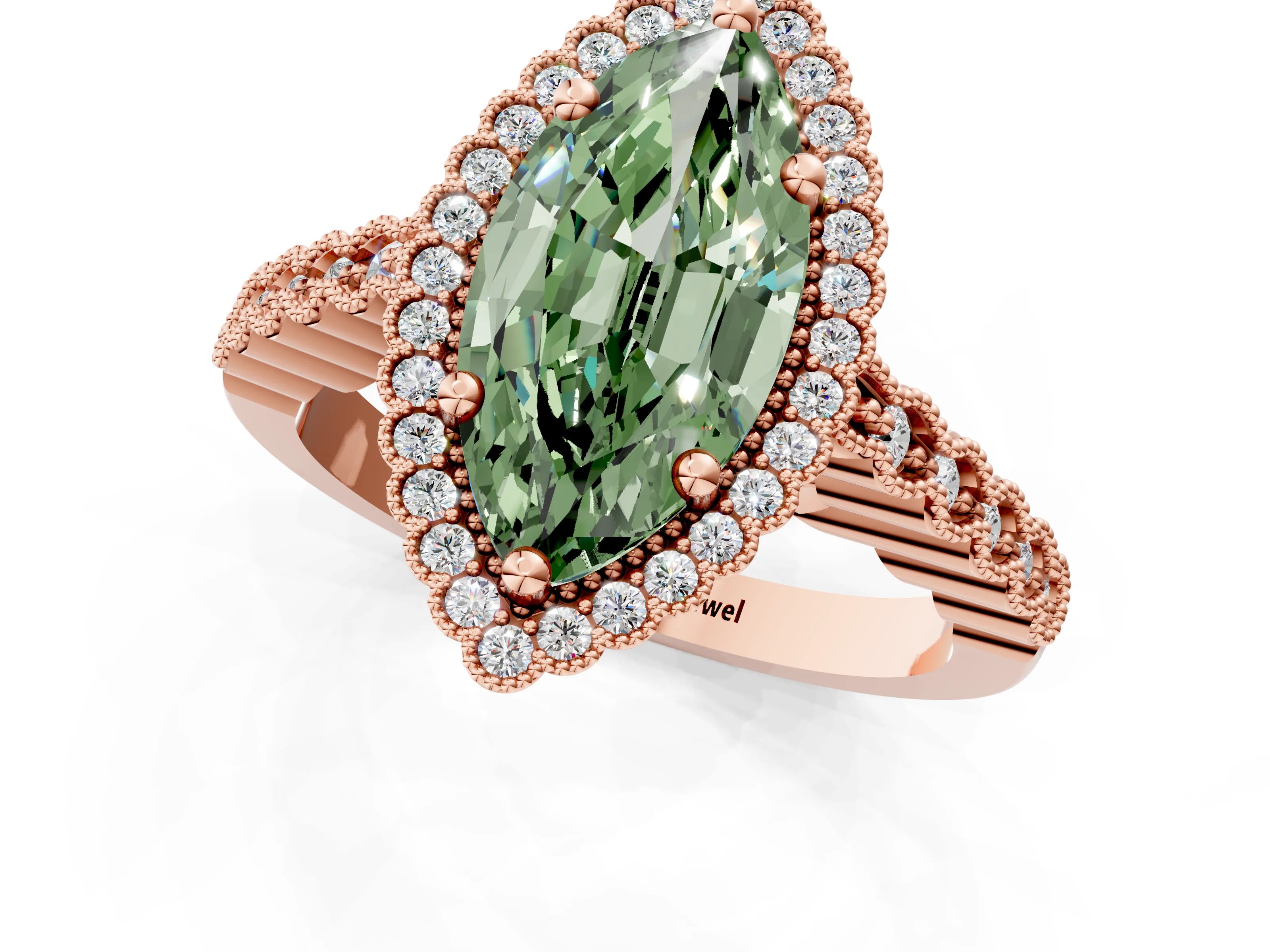 Rose gold Fancy Green Marquise Cut Cut Halo Pavé Solitaire Ring with Milgrain Band_1