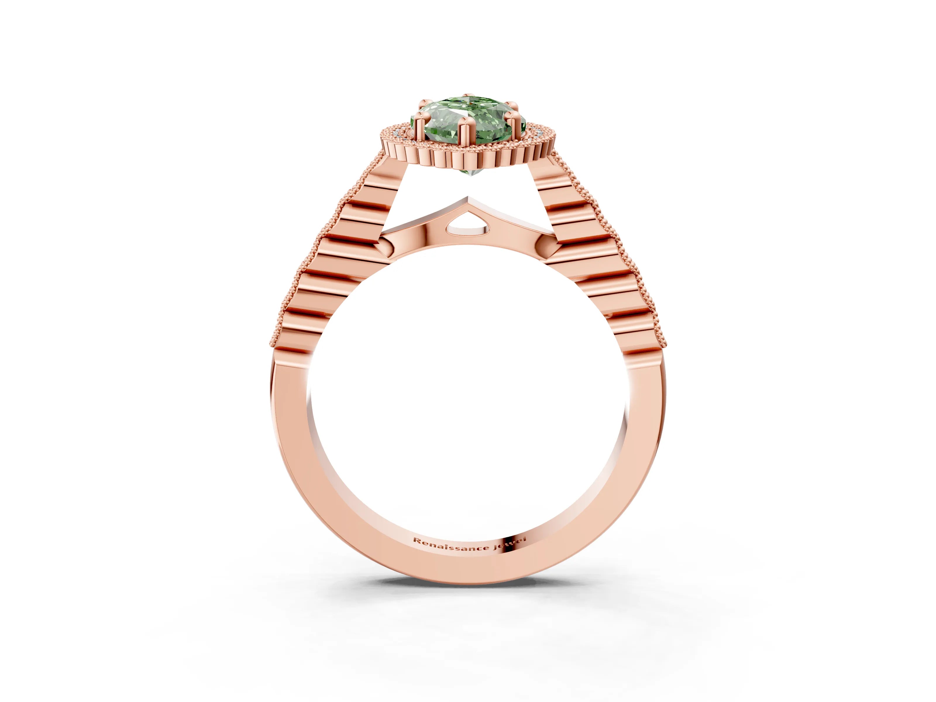 Rose gold Fancy Green Marquise Cut Cut Halo Pavé Solitaire Ring with Milgrain Band_3