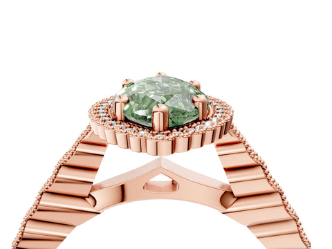 Rose gold Fancy Green Marquise Cut Cut Halo Pavé Solitaire Ring with Milgrain Band_4