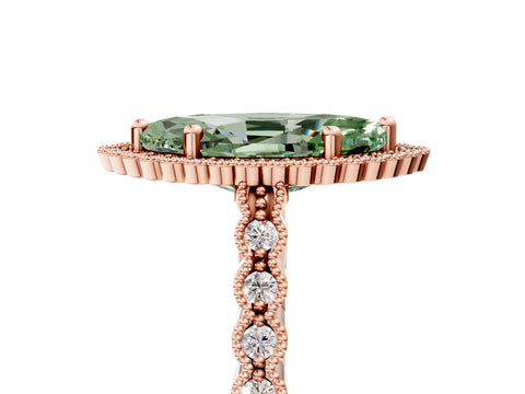 Rose gold Fancy Green Marquise Cut Cut Halo Pavé Solitaire Ring with Milgrain Band_5