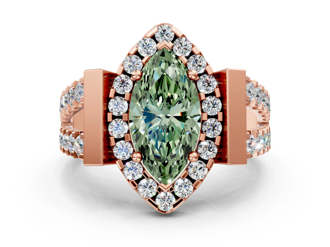 Rose gold Fancy Green Marquise Cut Cut Halo Split Shank Prong Set Ring