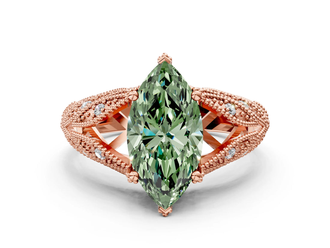 Rose gold Fancy Green Marquise Cut Cut Milgrain Pave Diamond Engagement Ring with Four-Prong Setting_3