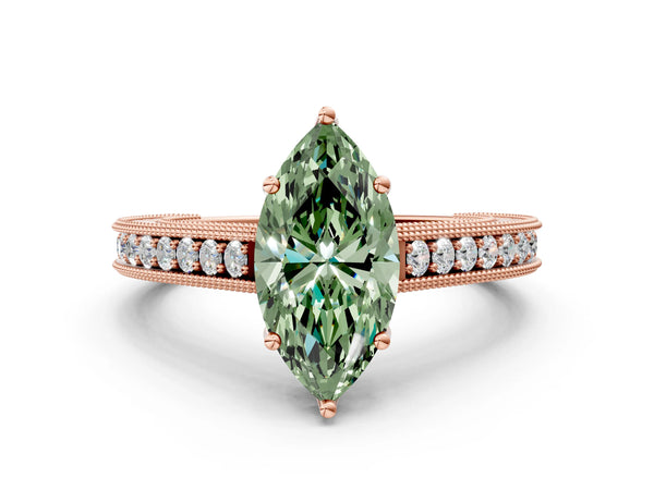 Rose gold Fancy Green Marquise Cut Cut Pave Band Milgrain Solitaire Ring